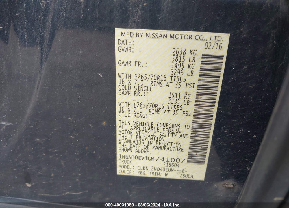 2016 NISSAN FRONTIER PRO-4X/S/SL/SV VIN: 1N6AD0EV3GN741007
