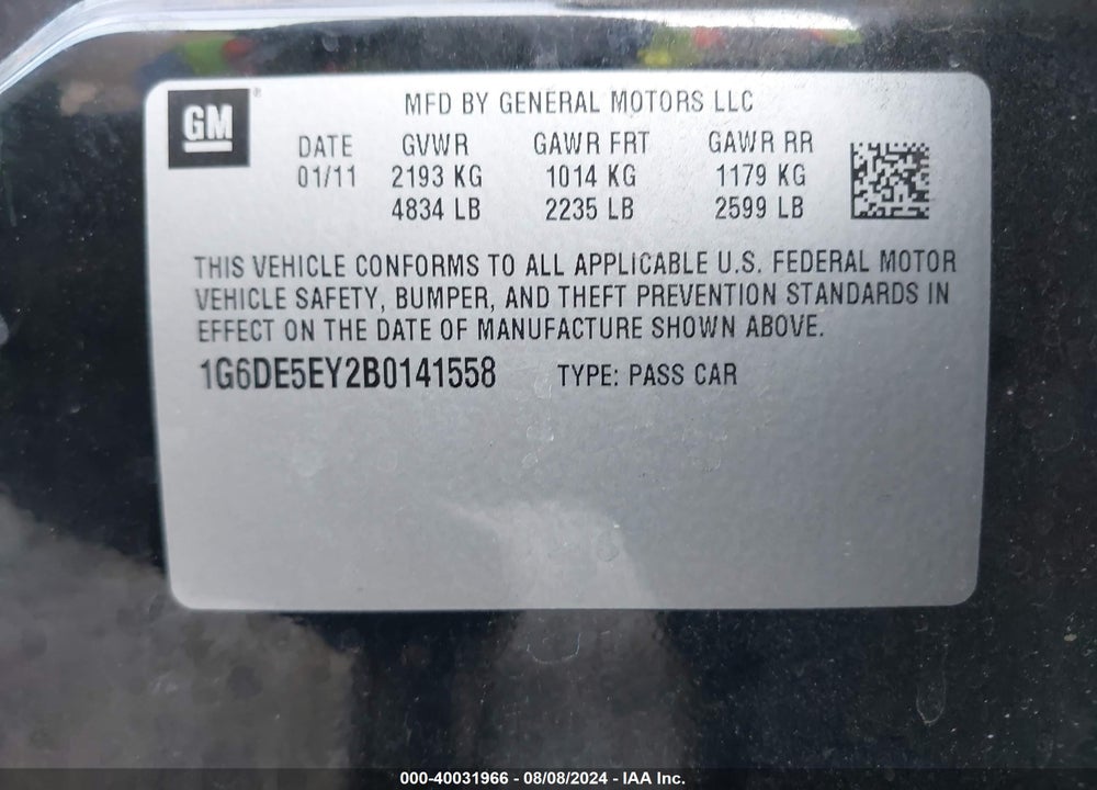 2011 CADILLAC CTS LUXURY VIN: 1G6DE5EY2B0141558