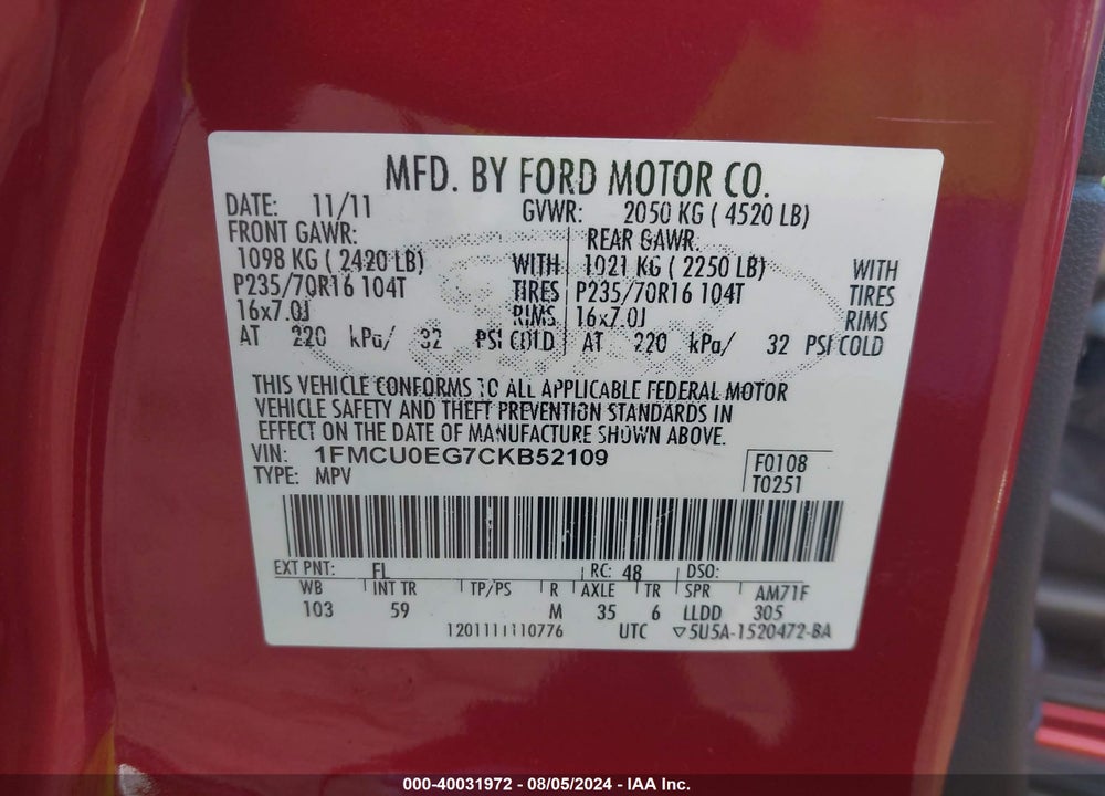 2012 FORD ESCAPE VIN: 1FMCU0EG7CKB52109