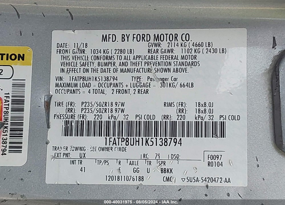 2019 FORD MUSTANG ECOBOOST PREMIUM VIN: 1FATP8UH1K5138794