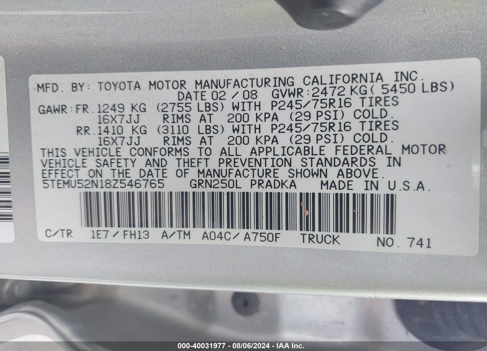 2008 TOYOTA TACOMA BASE V6 VIN: 5TEMU52N18Z546765