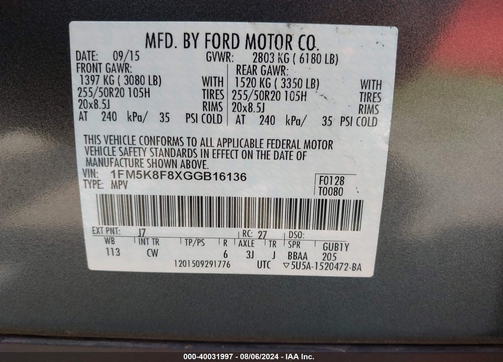 2016 FORD EXPLORER LIMITED VIN: 1FM5K8F8XGGB16136