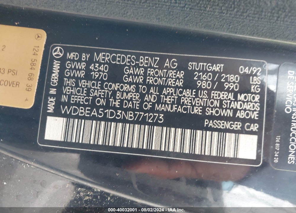 1992 MERCEDES-BENZ 300 CE VIN: WDBEA51D3NB771273