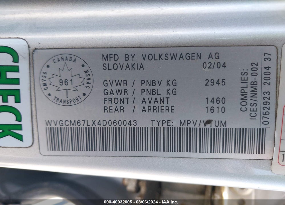2004 VOLKSWAGEN TOUAREG V8 VIN: WVGCM67LX4D060043