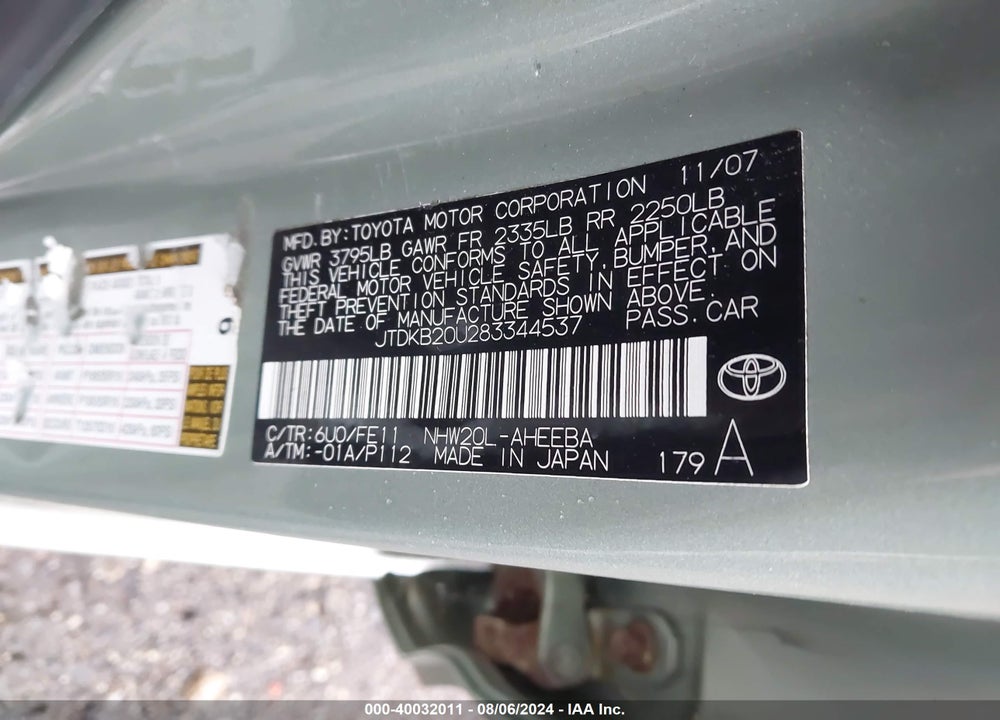2008 TOYOTA PRIUS TOURING VIN: JTDKB20U283344537