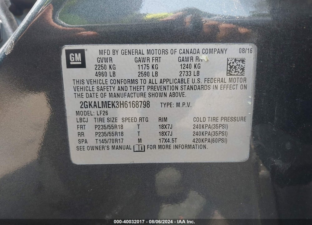 2017 GMC TERRAIN SLE-1 VIN: 2GKALMEK3H6168798