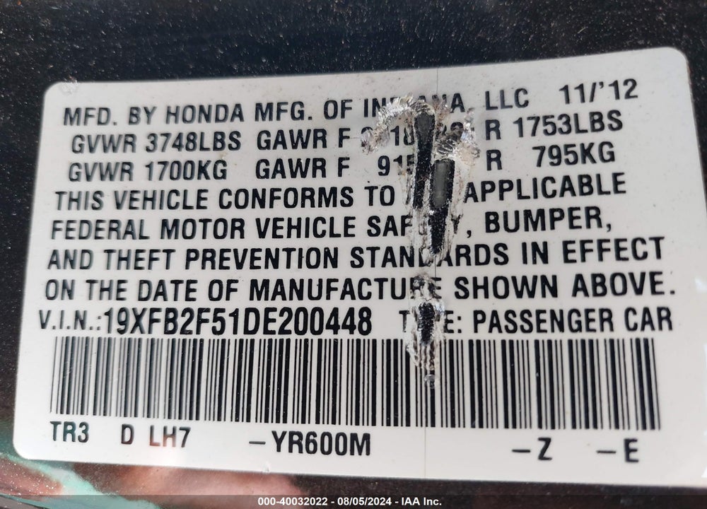 2013 HONDA CIVIC LX VIN: 19XFB2F51DE200448