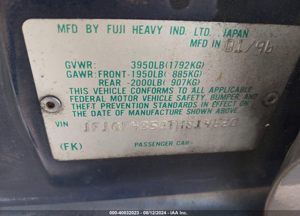 1996 SUBARU IMPREZA OUTBACK VIN: JF1GF4850TH814620
