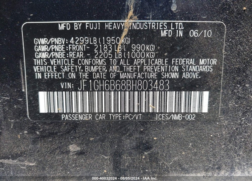 2011 SUBARU IMPREZA 2.5I PREMIUM VIN: JF1GH6B68BH803483