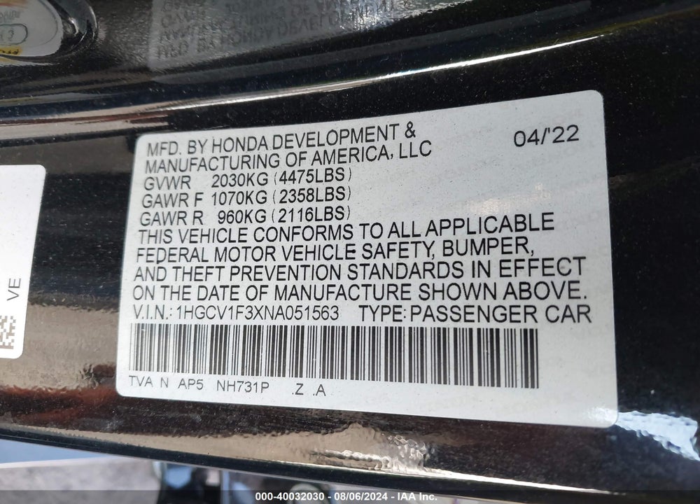2022 HONDA ACCORD SPORT VIN: 1HGCV1F3XNA051563