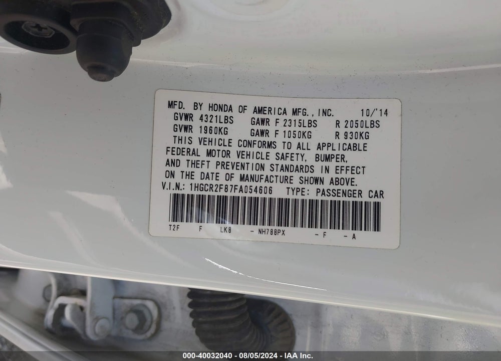2015 HONDA ACCORD EX-L VIN: 1HGCR2F87FA054606