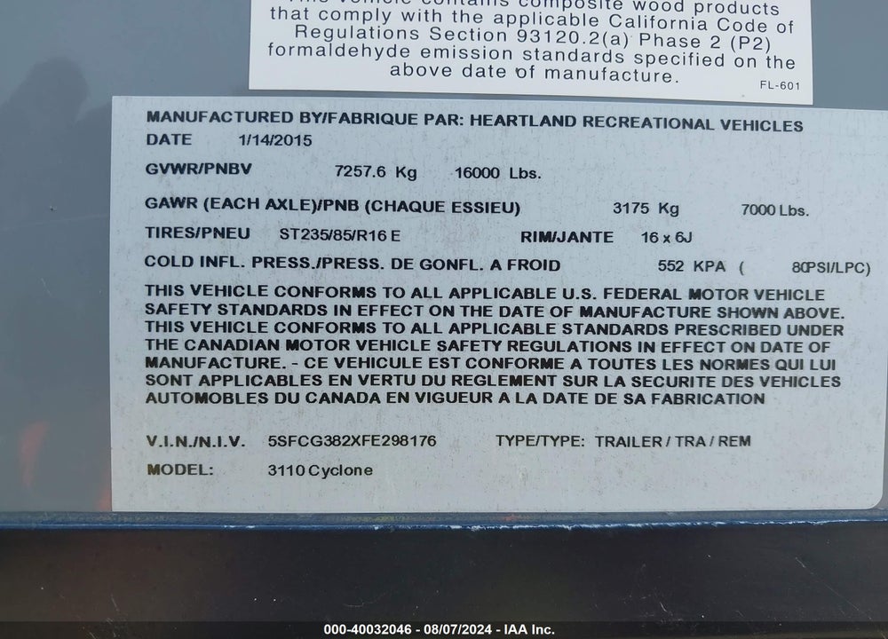 2015 CYCLONE 3110 VIN: 5SFCG382XFE298176