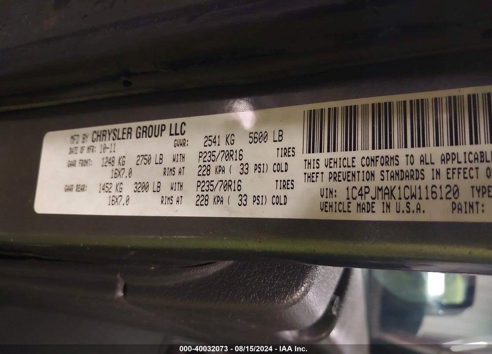 2012 JEEP LIBERTY SPORT VIN: 1C4PJMAK1CW116120