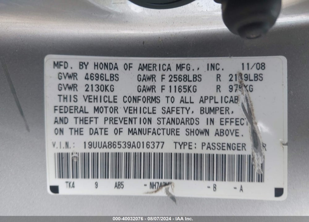 2009 ACURA TL 3.5 VIN: 19UUA86539A016377