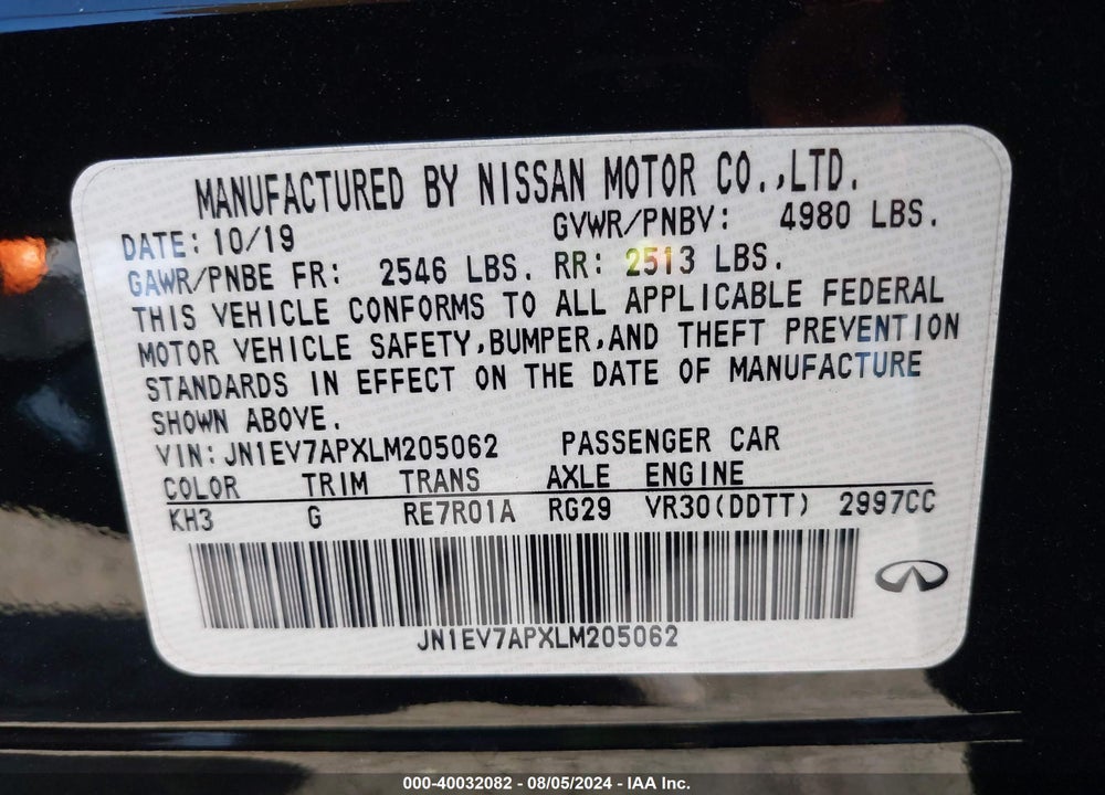 2020 INFINITI Q50 LUXE VIN: JN1EV7APXLM205062