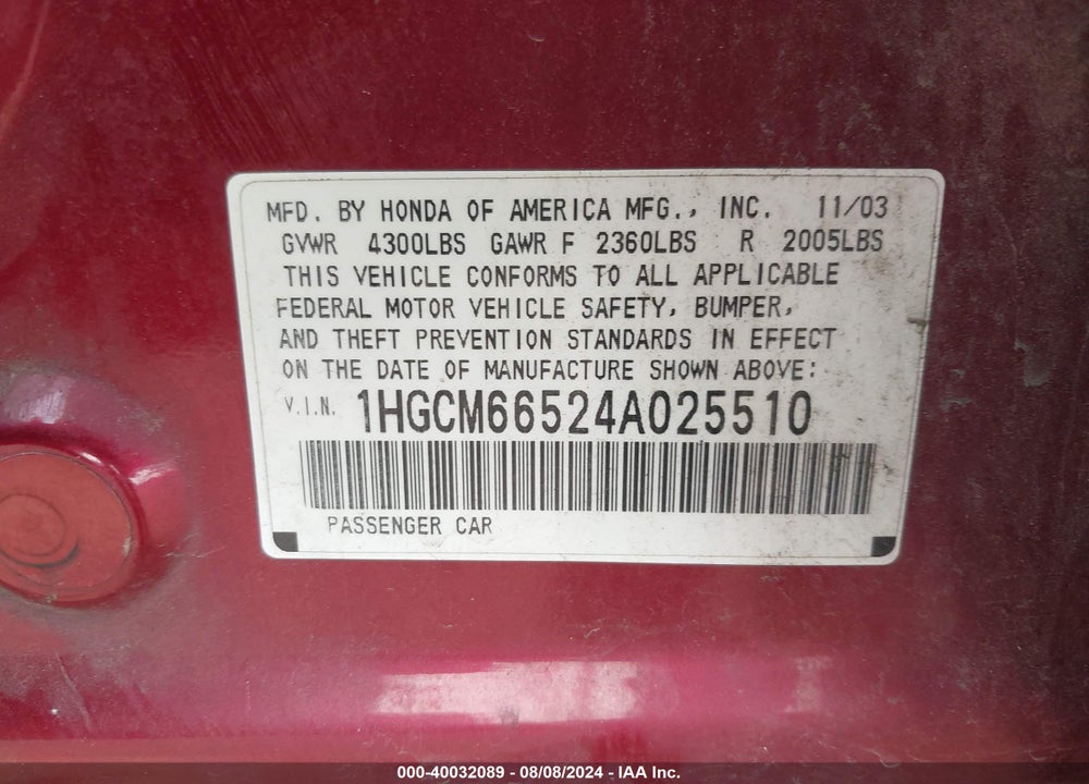 2004 HONDA ACCORD 3.0 EX VIN: 1HGCM66524A025510