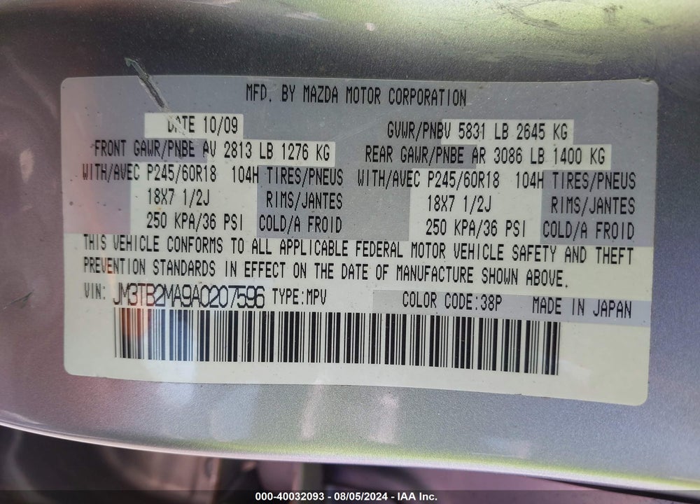 2010 MAZDA CX-9 SPORT VIN: JM3TB2MA9A0207596