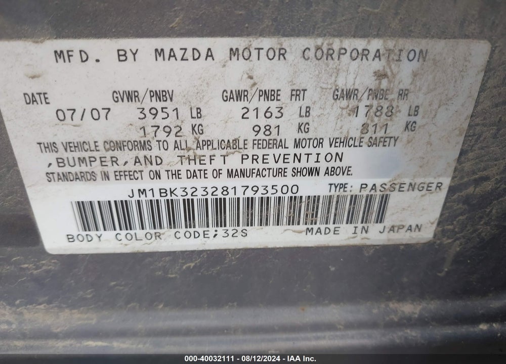 2008 MAZDA 3 S GRAND TOURING VIN: JM1BK323281793500