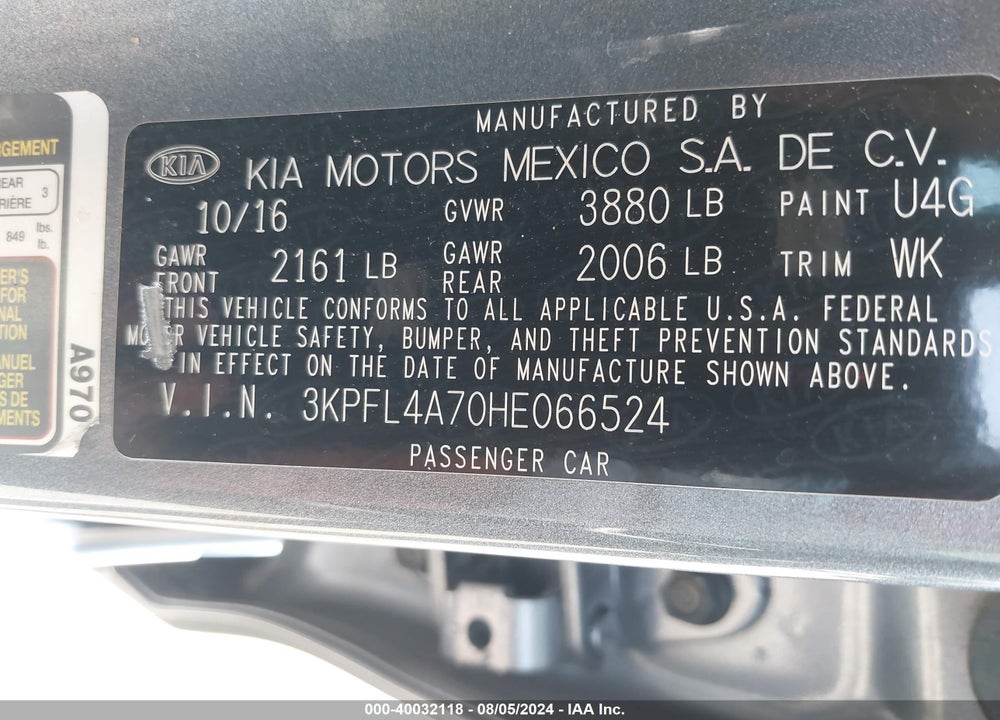 2017 KIA FORTE S VIN: 3KPFL4A70HE066524