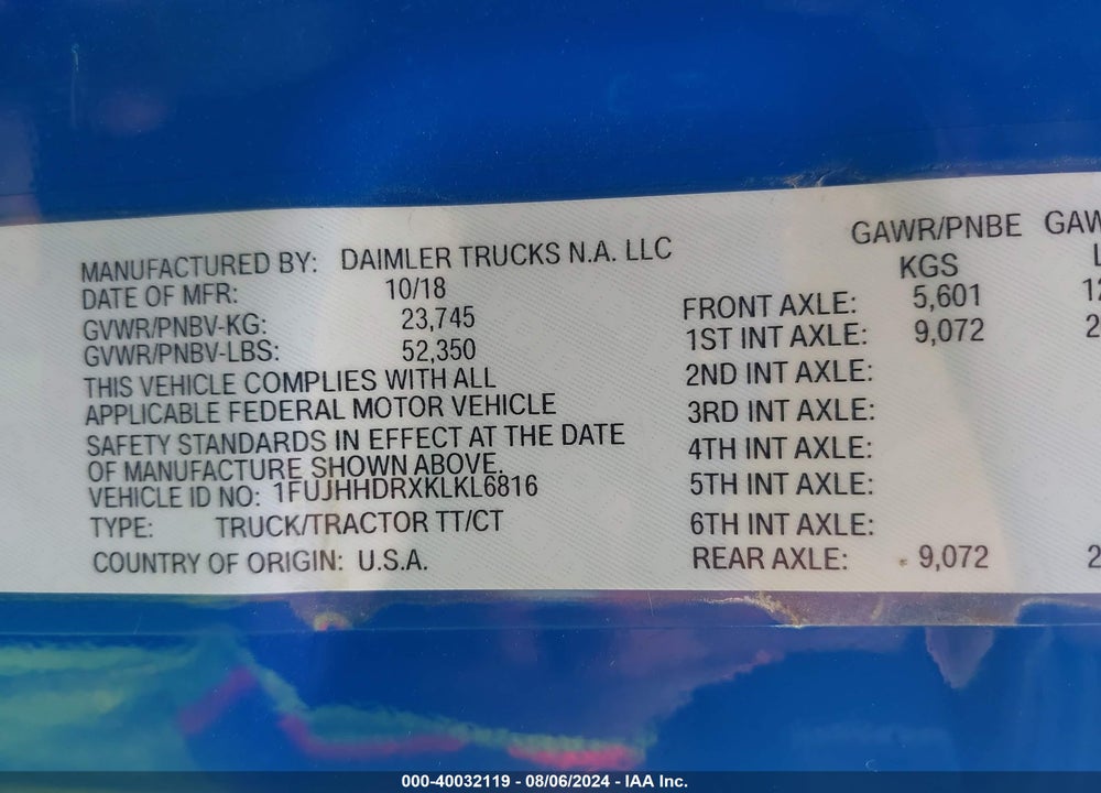 2019 FREIGHTLINER NEW CASCADIA 126 VIN: 1FUJHHDRXKLKL6816