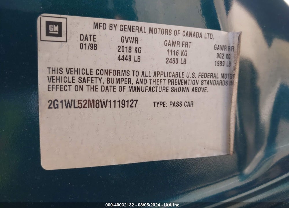 1998 CHEVROLET LUMINA LS VIN: 2G1WL52M8W1119127