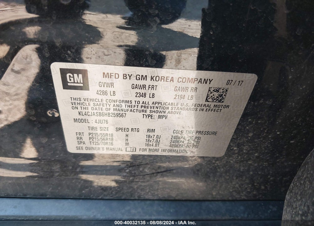2017 BUICK ENCORE PREFERRED VIN: KL4CJASB6HB259567