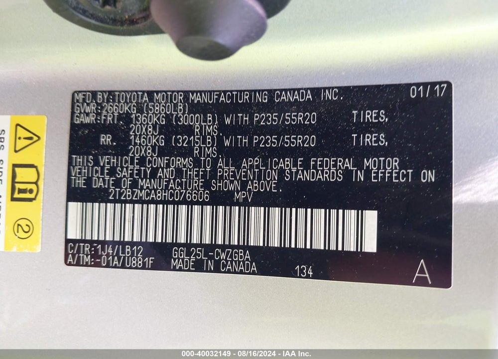 2017 LEXUS RX 350 VIN: 2T2BZMCA8HC076606