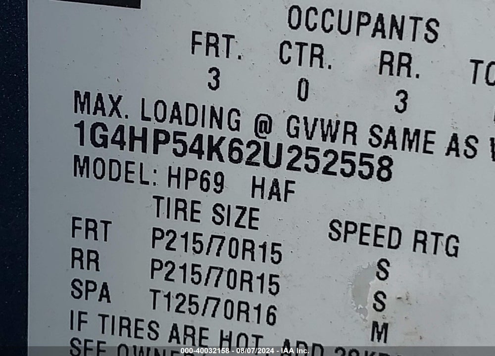 2002 BUICK LESABRE CUSTOM VIN: 1G4HP54K62U252558