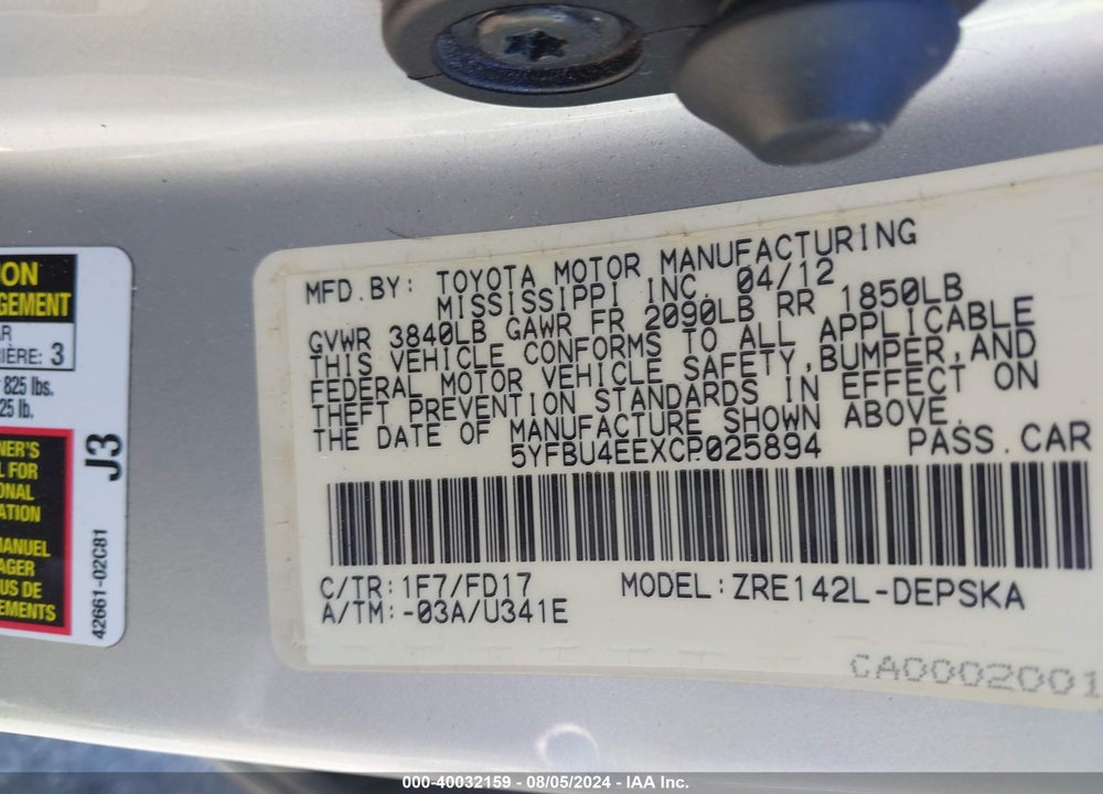 2012 TOYOTA COROLLA S VIN: 5YFBU4EEXCP025894
