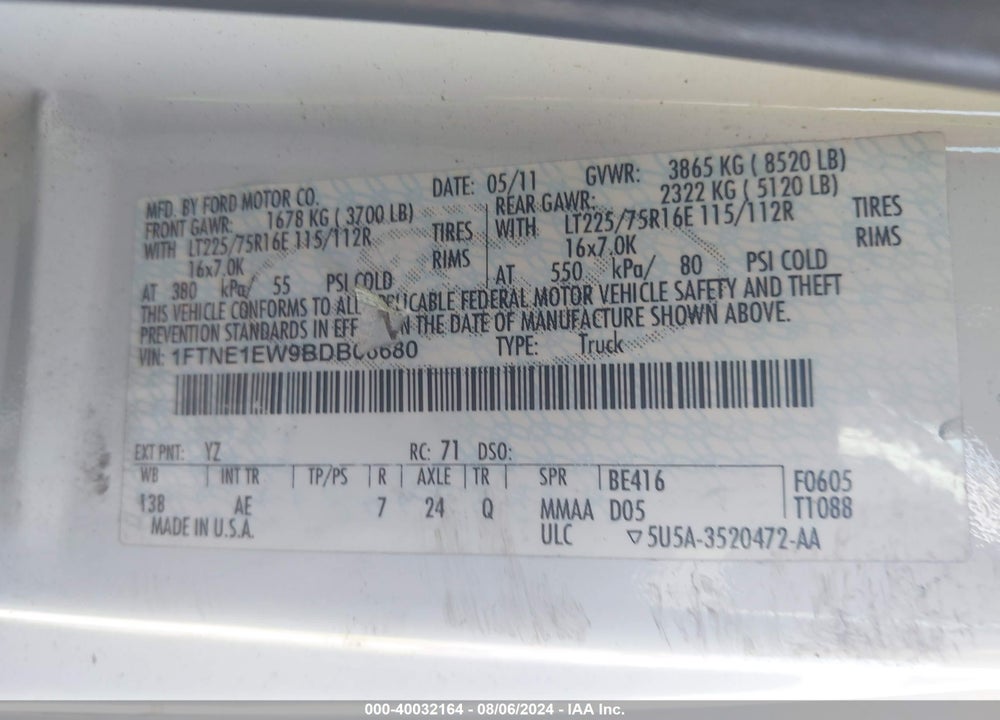 2011 FORD E-150 COMMERCIAL VIN: 1FTNE1EW9BDB06680