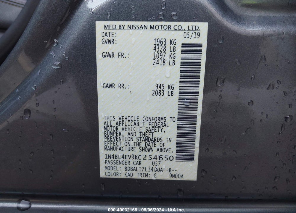 2019 NISSAN ALTIMA 2.5 SL VIN: 1N4BL4EV9KC254650