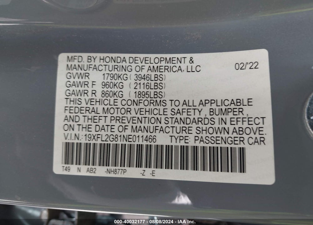 2022 HONDA CIVIC SPORT VIN: 19XFL2G81NE011466