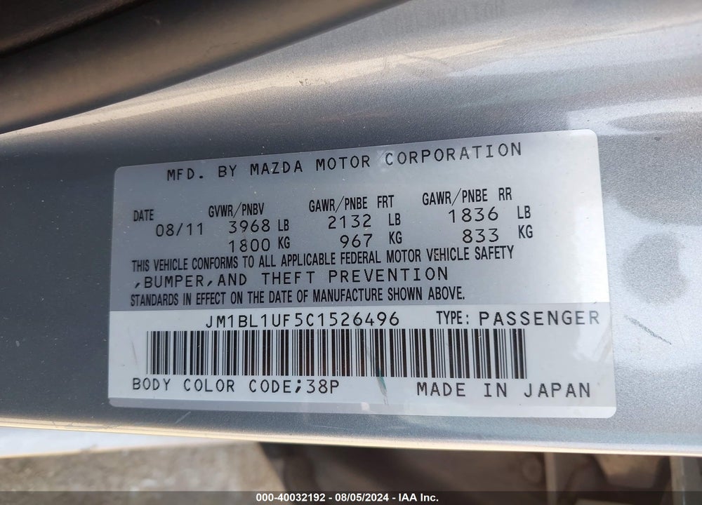 2012 MAZDA 3 I SPORT VIN: JM1BL1UF5C1526496