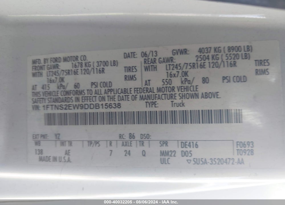 2013 FORD E-250 COMMERCIAL VIN: 1FTNS2EW9DDB15638