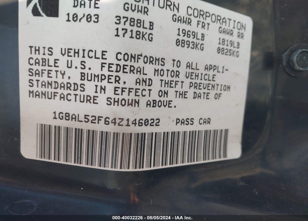 2004 SATURN ION 3 VIN: 1G8AL52F64Z146022
