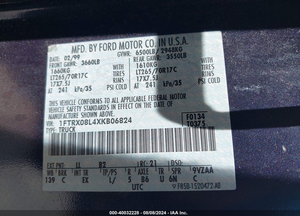 1999 FORD F-150 LARIAT/XL/XLT VIN: 1FTRX08L4XKB06824