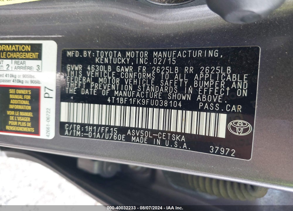 2015 TOYOTA CAMRY SE VIN: 4T1BF1FK9FU038104
