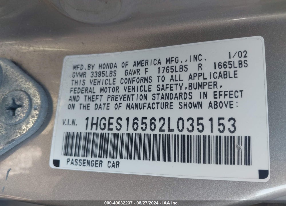2002 HONDA CIVIC VIN: 1HGES16562L035153
