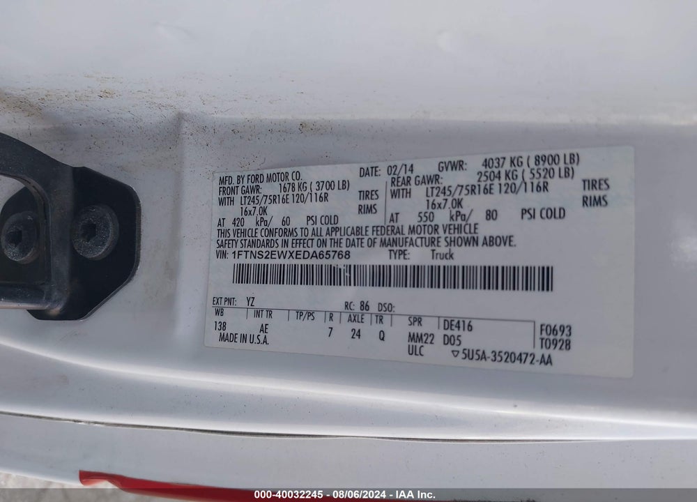 2014 FORD E-250 COMMERCIAL VIN: 1FTNS2EWXEDA65768