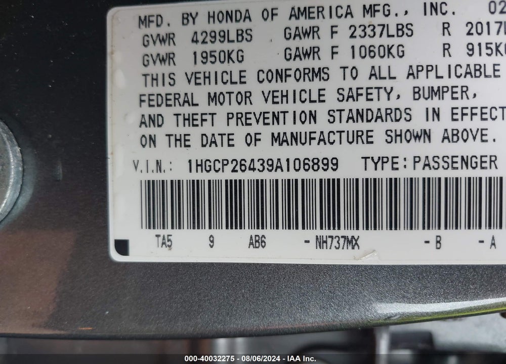 2009 HONDA ACCORD 2.4 LX-P VIN: 1HGCP26439A106899