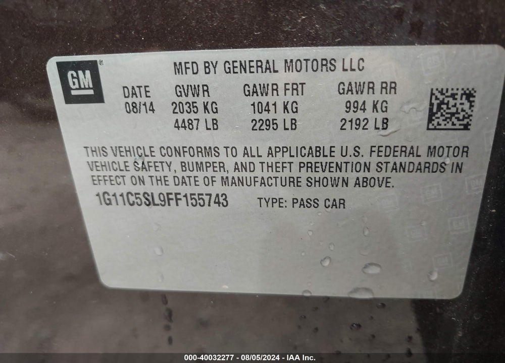 2015 CHEVROLET MALIBU 1LT VIN: 1G11C5SL9FF155743
