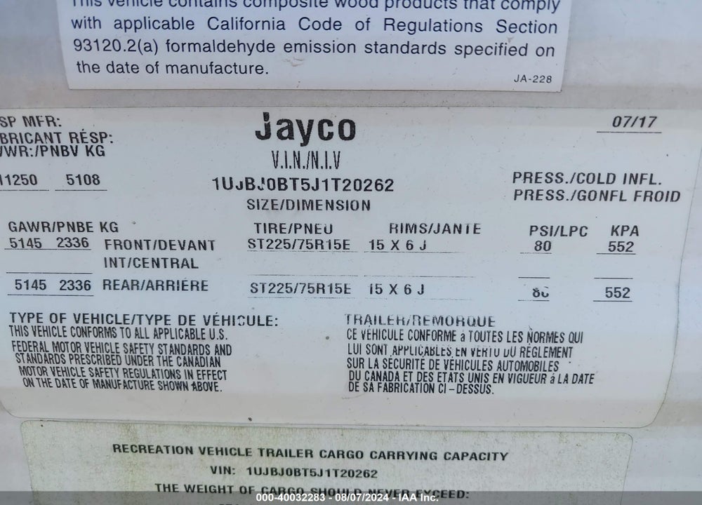 2018 OTHER JAYCO VIN: 1UJBJ0BT5J1T20262