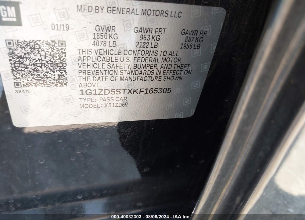 2019 CHEVROLET MALIBU LT VIN: 1G1ZD5STXKF165305