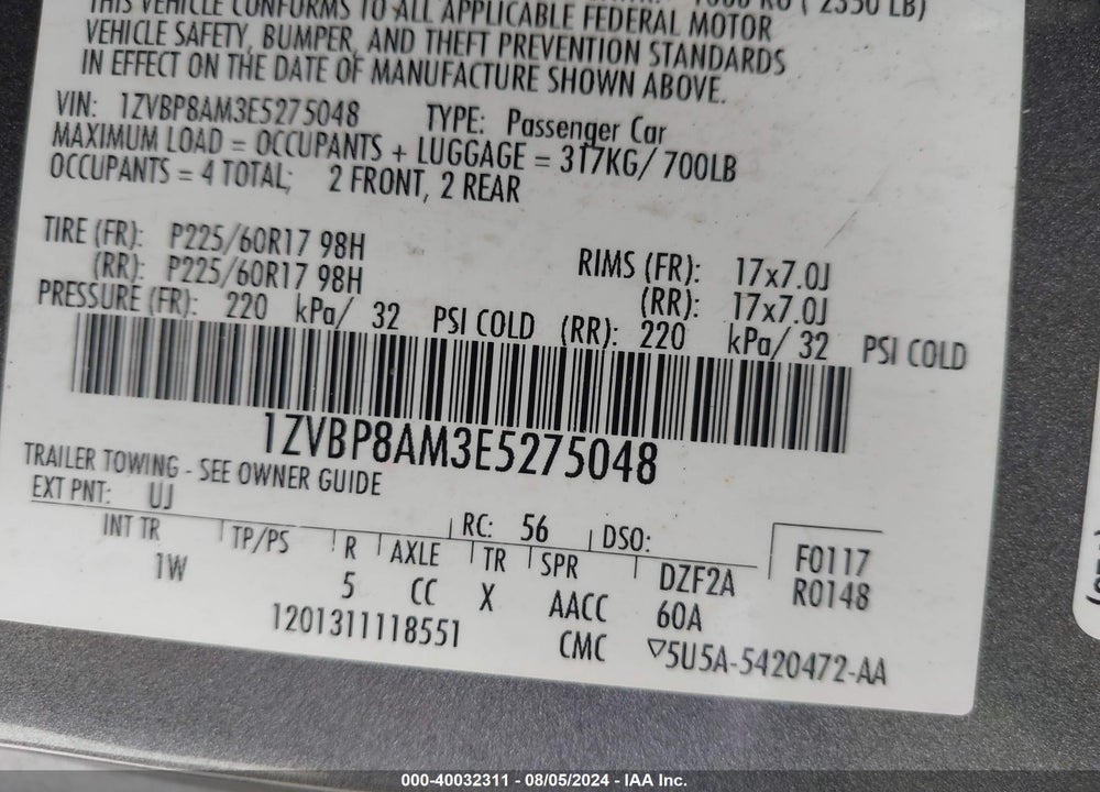 2014 FORD MUSTANG V6 VIN: 1ZVBP8AM3E5275048
