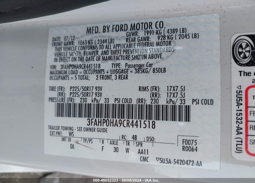 2012 FORD FUSION VIN: 3FAHP0HA9CR441518