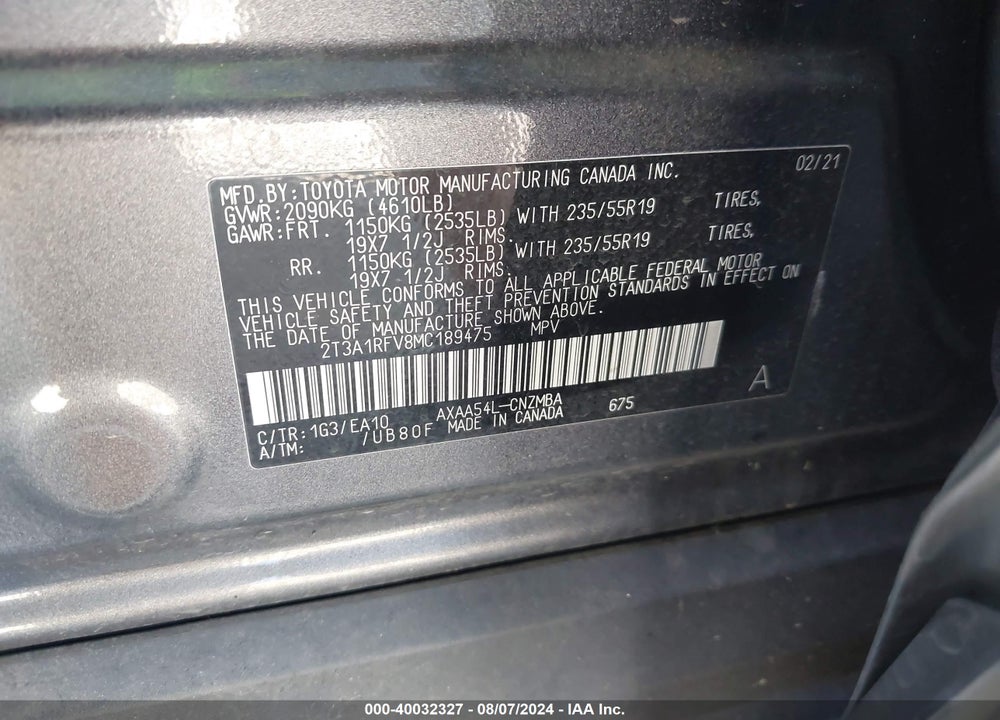 2021 TOYOTA RAV4 XLE PREMIUM VIN: 2T3A1RFV8MC189475