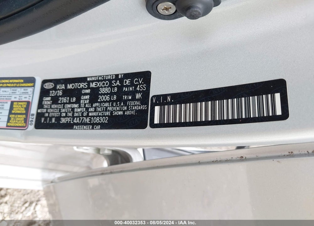 2017 KIA FORTE VIN: 3KPFL4A77HE108302