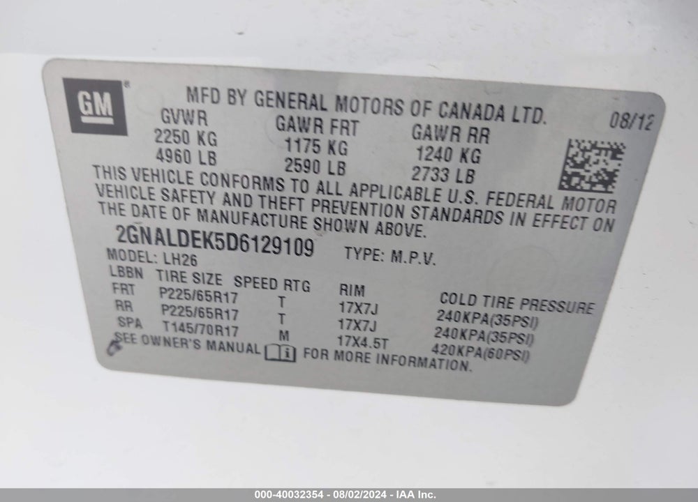 2013 CHEVROLET EQUINOX 1LT VIN: 2GNALDEK5D6129109