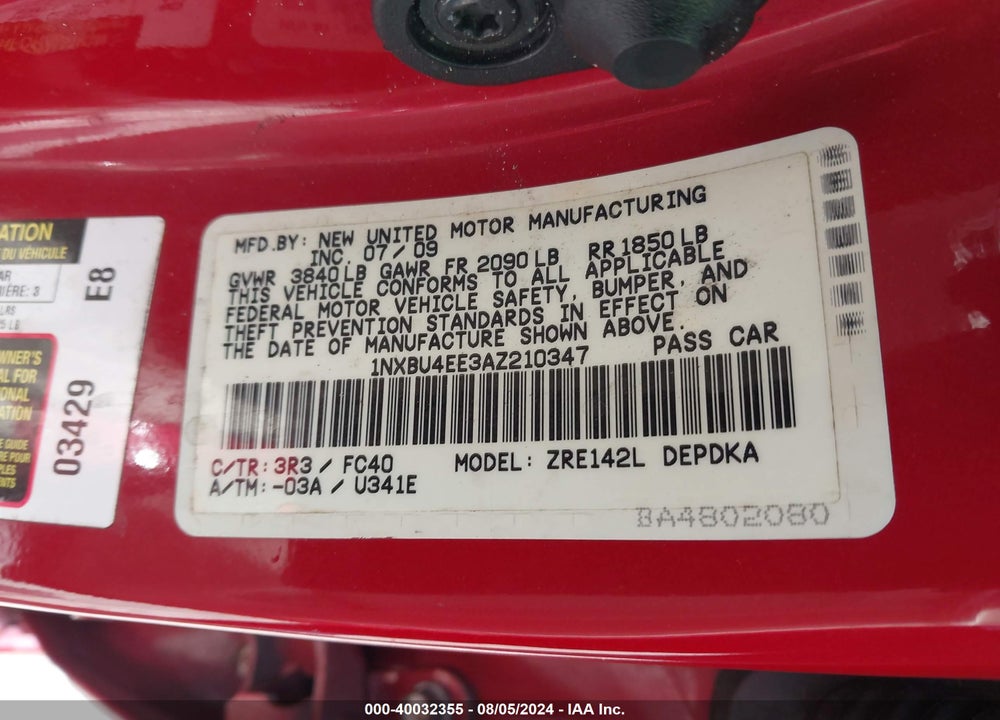 2010 TOYOTA COROLLA LE VIN: 1NXBU4EE3AZ210347