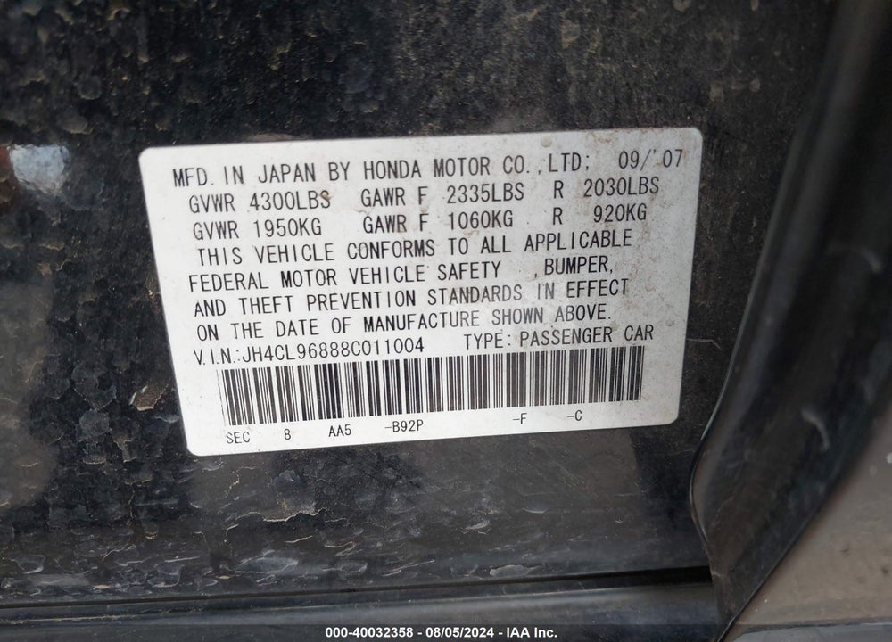 2008 ACURA TSX VIN: JH4CL96888C011004